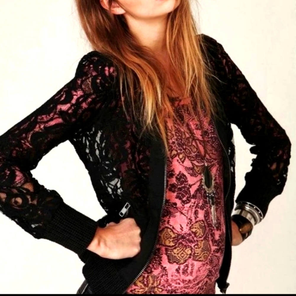 Free People Vintage Lace Bomber Sz M